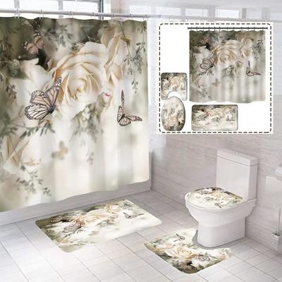 Big Butterfly Beautiful Polyester Shower Curtain Set Bathroom Set Waterproof Curtains Bath Mat Set Toilet Lid Cover 4 Pcs Decor
