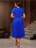 Blue Pleated Long Casual Dresses for Womenvintage Dress Mid Calf Turn Down Collar Short Sleeves High Waist Slim Dress 2025