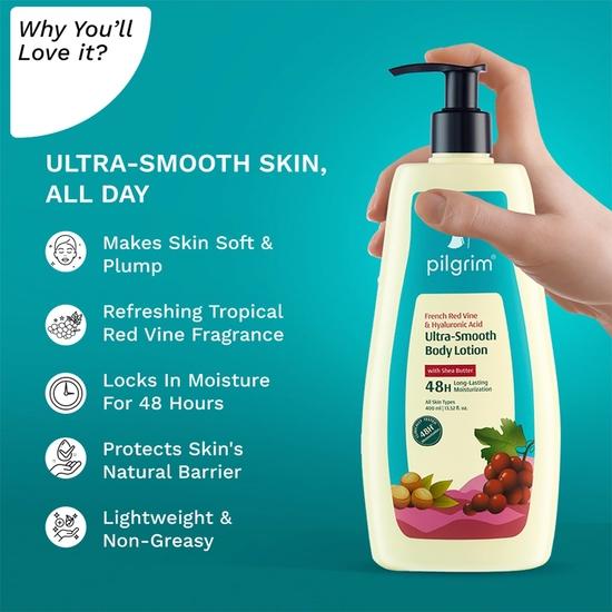Pilgrim French Red Vine & Hyaluronic Acid Ultra Smooth Body Lotion 400ml | 48H Moisturization | Body Lotion for Dry Skin | For All Skin Types