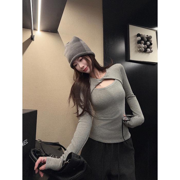 Gewindesamt Grau Ausgeschnitten Langarm-T-Shirt, Damen Slim Fit Herbst/Winter Basisschicht