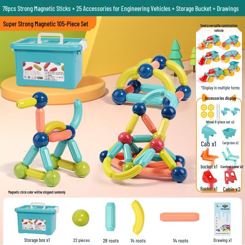 3D Magnetic Rod Building Blocks for Kids - Strong Magnet Puzzle Toy for Boys
