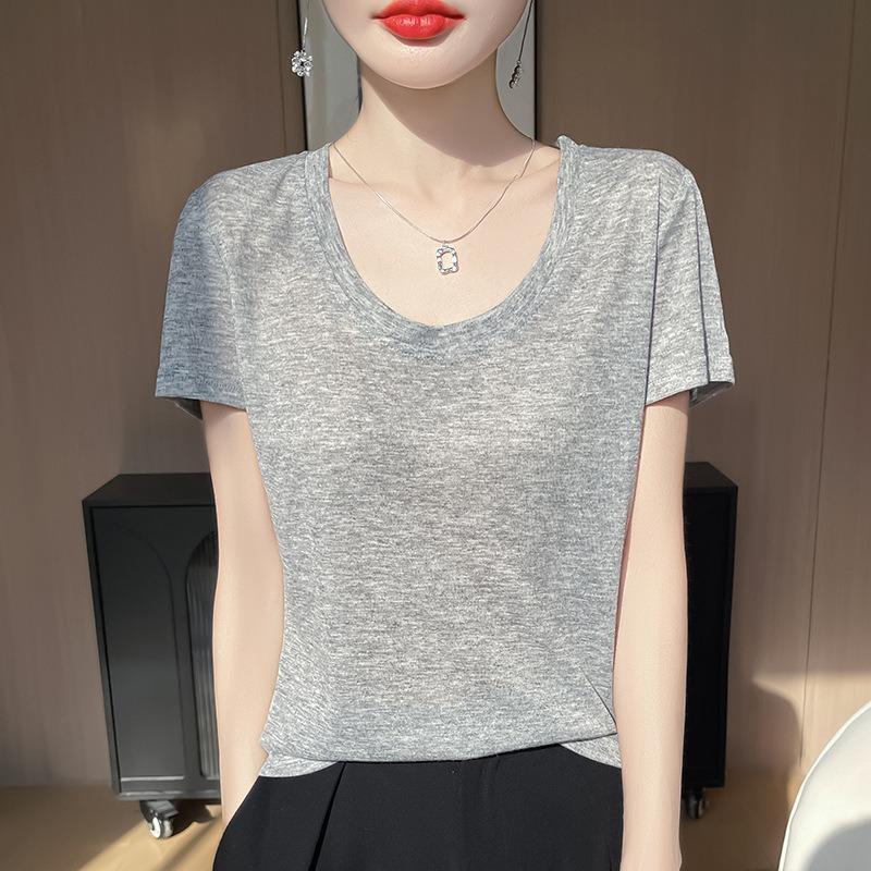 Women's Spring and Summer New Positive Shoulder Short T-shirt Fashion U Collar Slim Bottoming Shirt Thin Fashion Short-sleeved