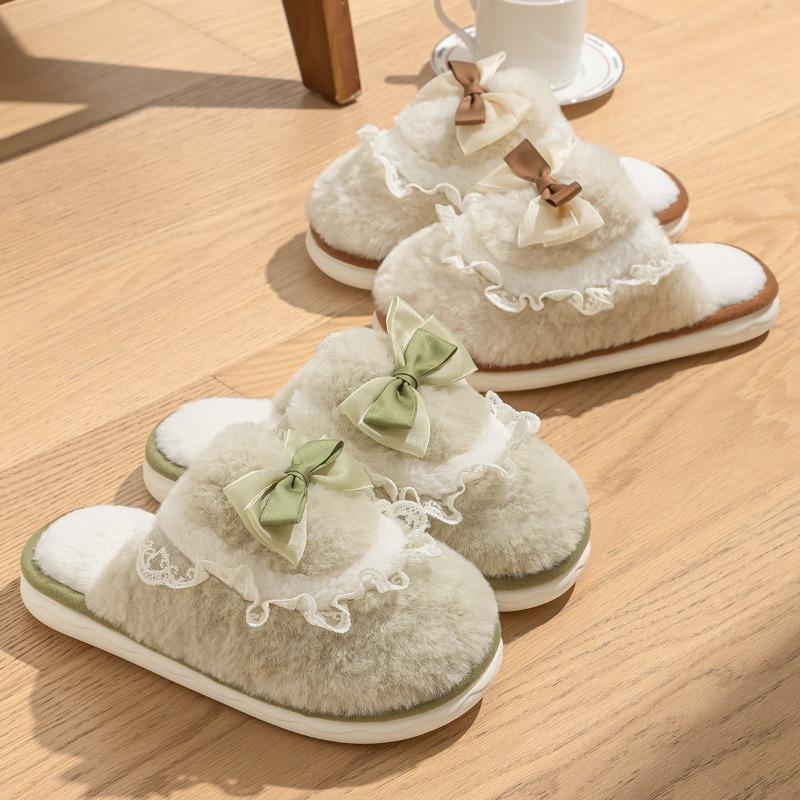 Bow cotton slippers women's winter new couple cute home plush warm fluffy slippers