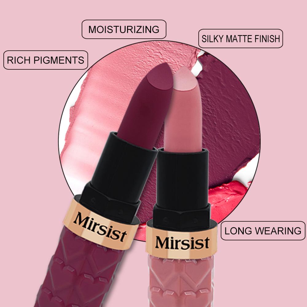 Mirsist 3-Piece Matte Lipstick Set: Waterproof, Fade-Resistant, Non-Stick Cup, and Mist Surface Finish.