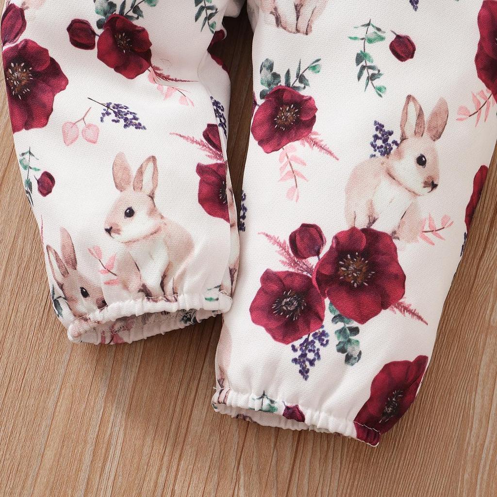 2022 Girls' Long Sleeve Top & Floral Overalls Three-Piece Set - Korean Spring/Autumn Style