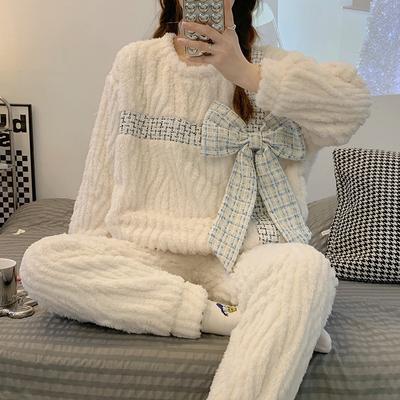 Winter Women's Jacquard Plush Bow Sweet Girl Cute Loungewear Soft Thickened Coral Fleece Pajamas Elastic Cuffs