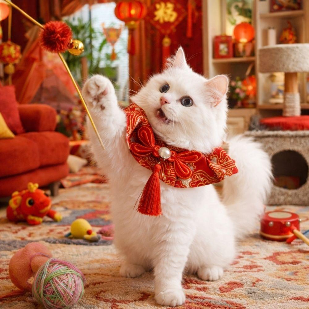 Adorable Chinese Style Pet Cat Scarf Cute Adjustable Length Pet Saliva Towel Warm Blessing Cat Tie Photo Props