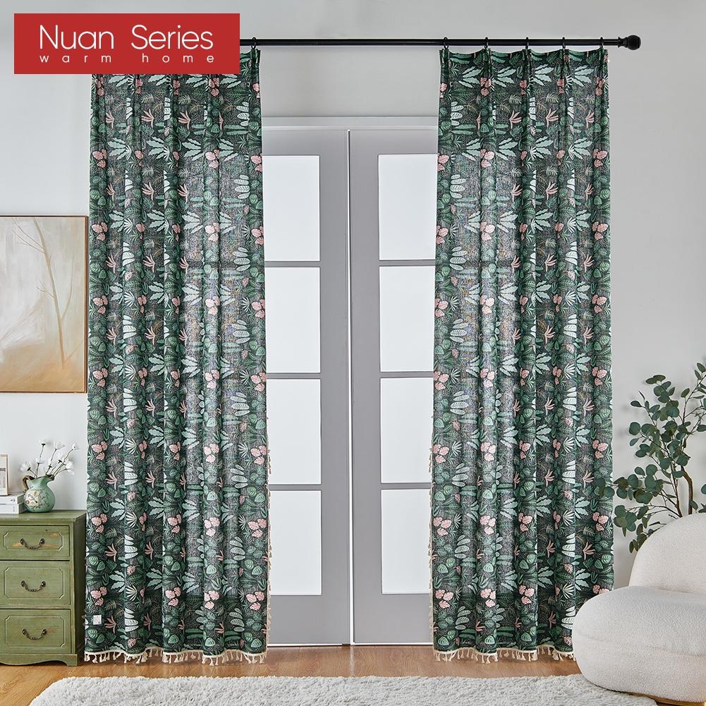 1PC Nuan Series Semi Blackout Curtain with Green Water Grass Pattern and Flowing Edge Curtain for Small Window Kitchen Bedroom Living Room Home Decor