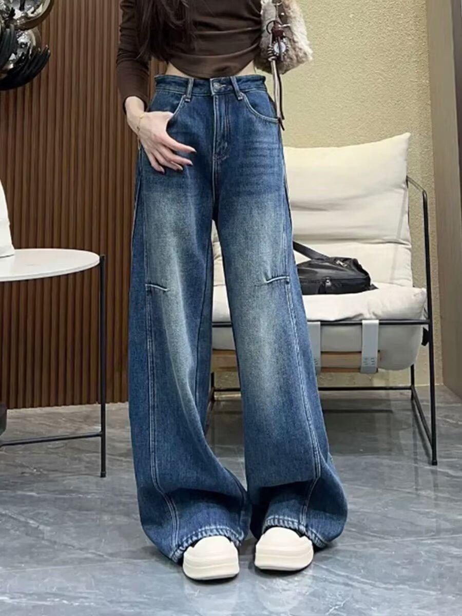Women s Early Spring Retro Ripped Wide-Leg Jeans M