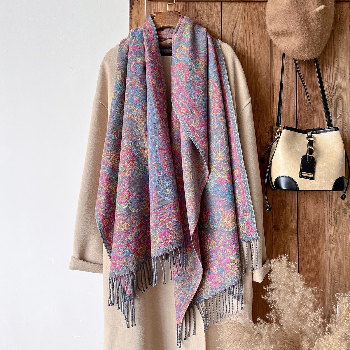 Châle en Cachemire Mode Hivernale Pour Femmes - Frangé Vintage Imprimé Floral Style Peinture à l'Huile Pashmina Écharpe Épaisse & Poncho gray