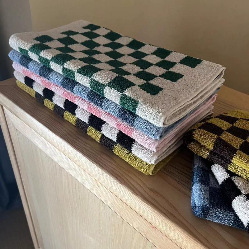 Retro Color Matching Long-Staple Cotton Skin-Friendly Towel Checkerboard Plaid Face Bath Towels Soft Absorbent Face Towel