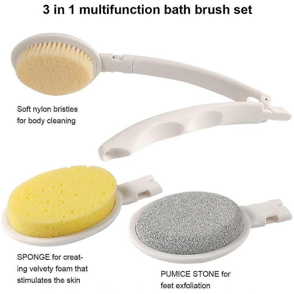 3 in 1 Bath Brush Foldable Long Handle for Shower Exfoliating Dry Skin Brushing