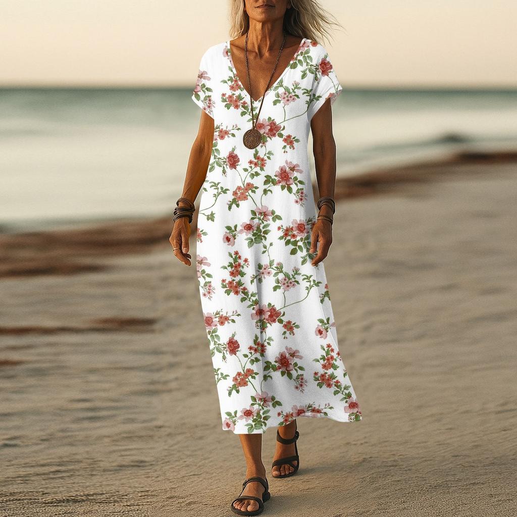 Sommerkleid Damen Langes Boho Strandkleid Elegantes Maxikleid V-Ausschnitt Kurzarm Sommer Tunikakleid Leicht Luftig