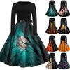 Womens Casual Vintage Halloween Print Dress Long Sleeve Round Neck Retro Fit Flared Skirt Midi Dress with Waist Tie for Autumn