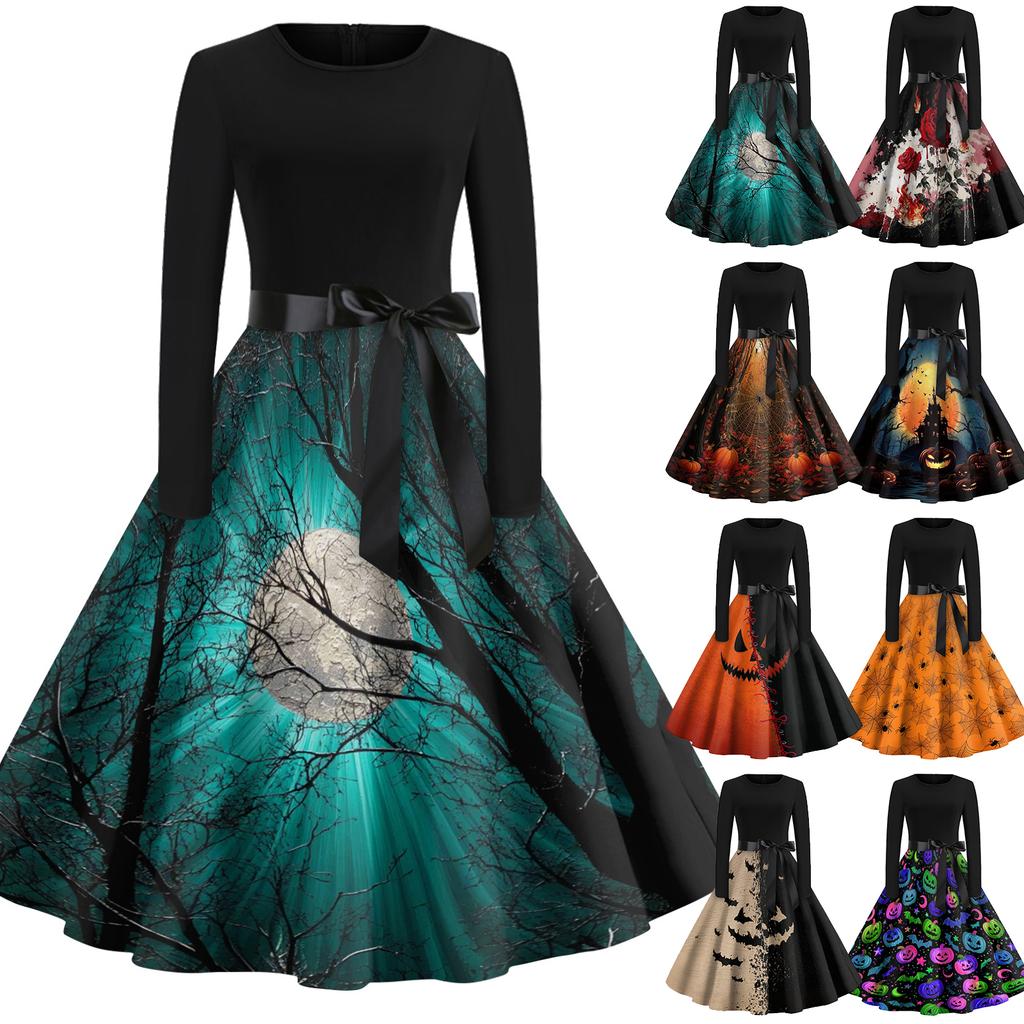 Womens Casual Vintage Halloween Print Dress Long Sleeve Round Neck Retro Fit Flared Skirt Midi Dress with Waist Tie for Autumn