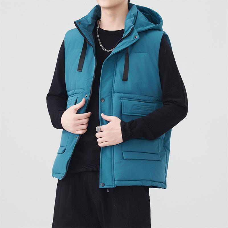 Men's Zipper Button Sleeveless Solid Color Cardigan Hooded Fashion Casual Loose Jacket Top