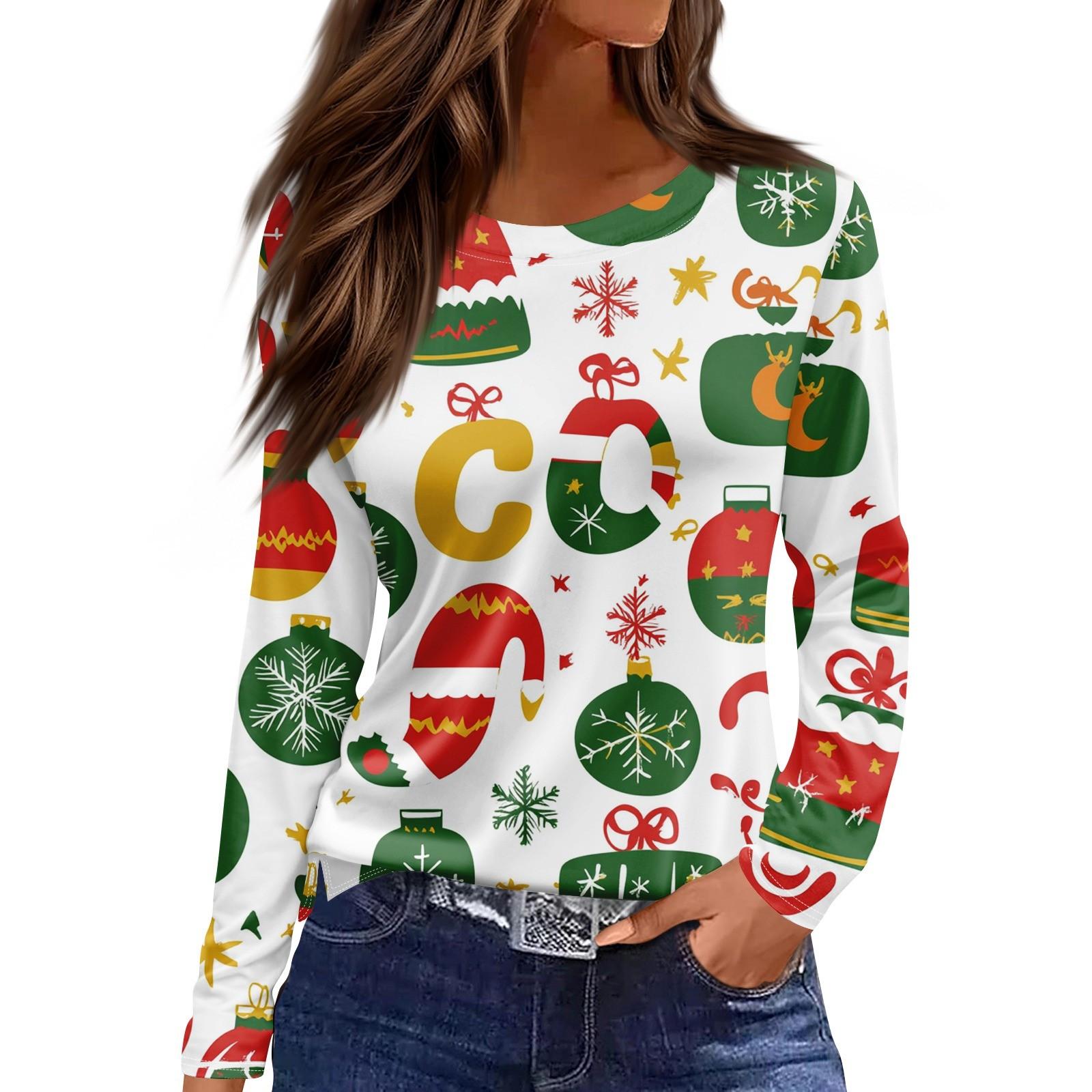 

Женская модная повседневная футболка с разрезом и круглым вырезом, длинным рукавом, с рождественским принтом 6XL темно-синий