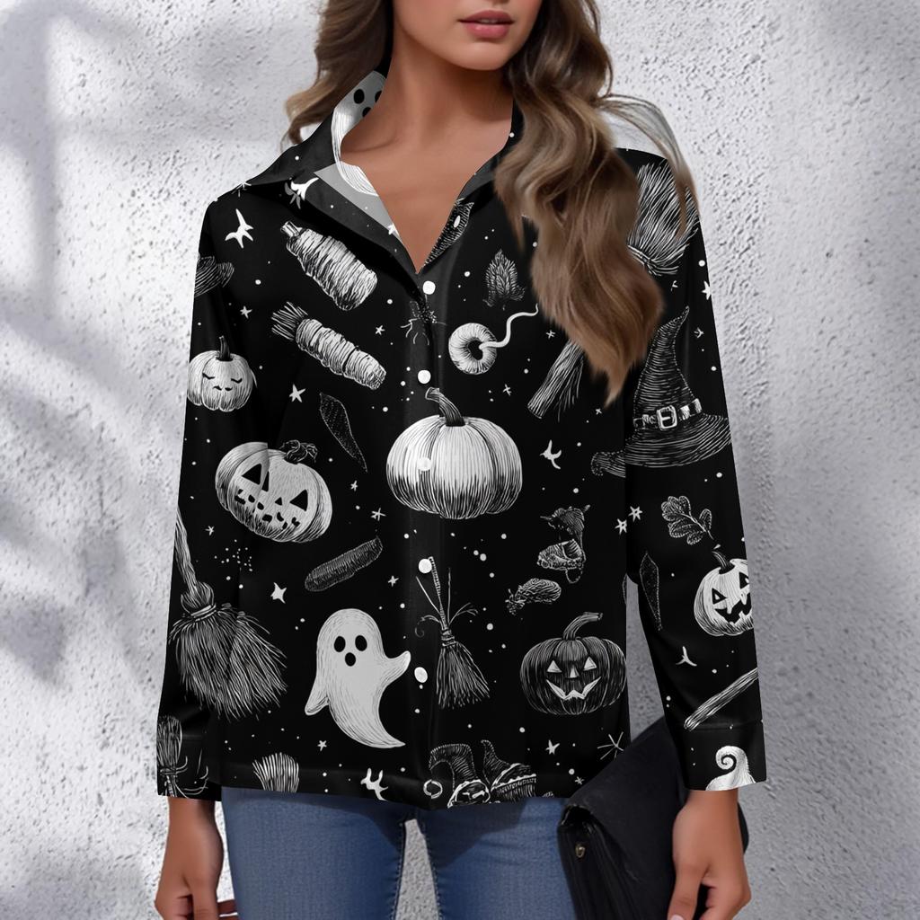 Damen Halloween Bedrucktes Lässiges Halbgeöffneter Kragen Langarmhemd