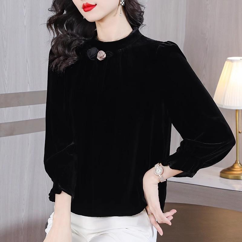 

Шелковый бархатный топ для женщин на осень, новый стиль, китайский стиль, бархатная рубашка с длинными рукавами, темпераментная базовая рубашка XL