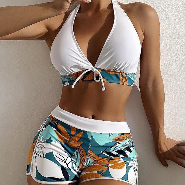 Costume da bagno sexy da donna estivo in due pezzi con stampa costume da bagno femminile push up con scollo all'americana increspato sul davanti a vita alta