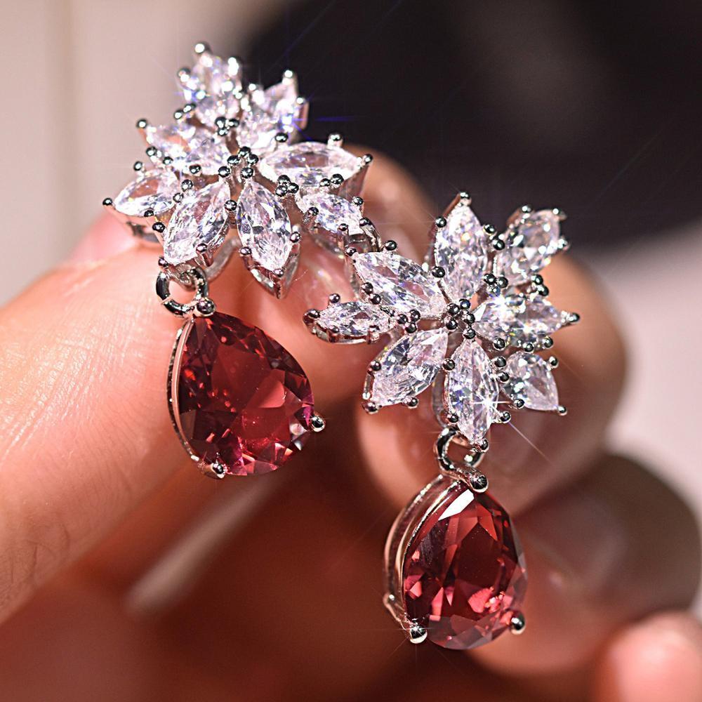 Cao Shi European-American Style Red Zircon Teardrop Earrings with Full Diamond Zircon Studs