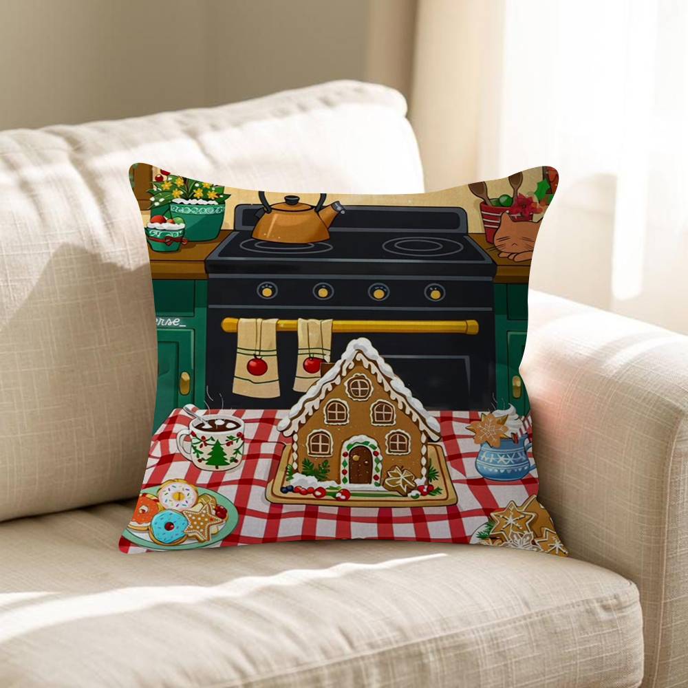 Kawaii Cartoon Christmas Gingerbread Man Maple Design Cushion Cover Happy Autumn Harvest Decor Holiday Decorati Pillow Cover