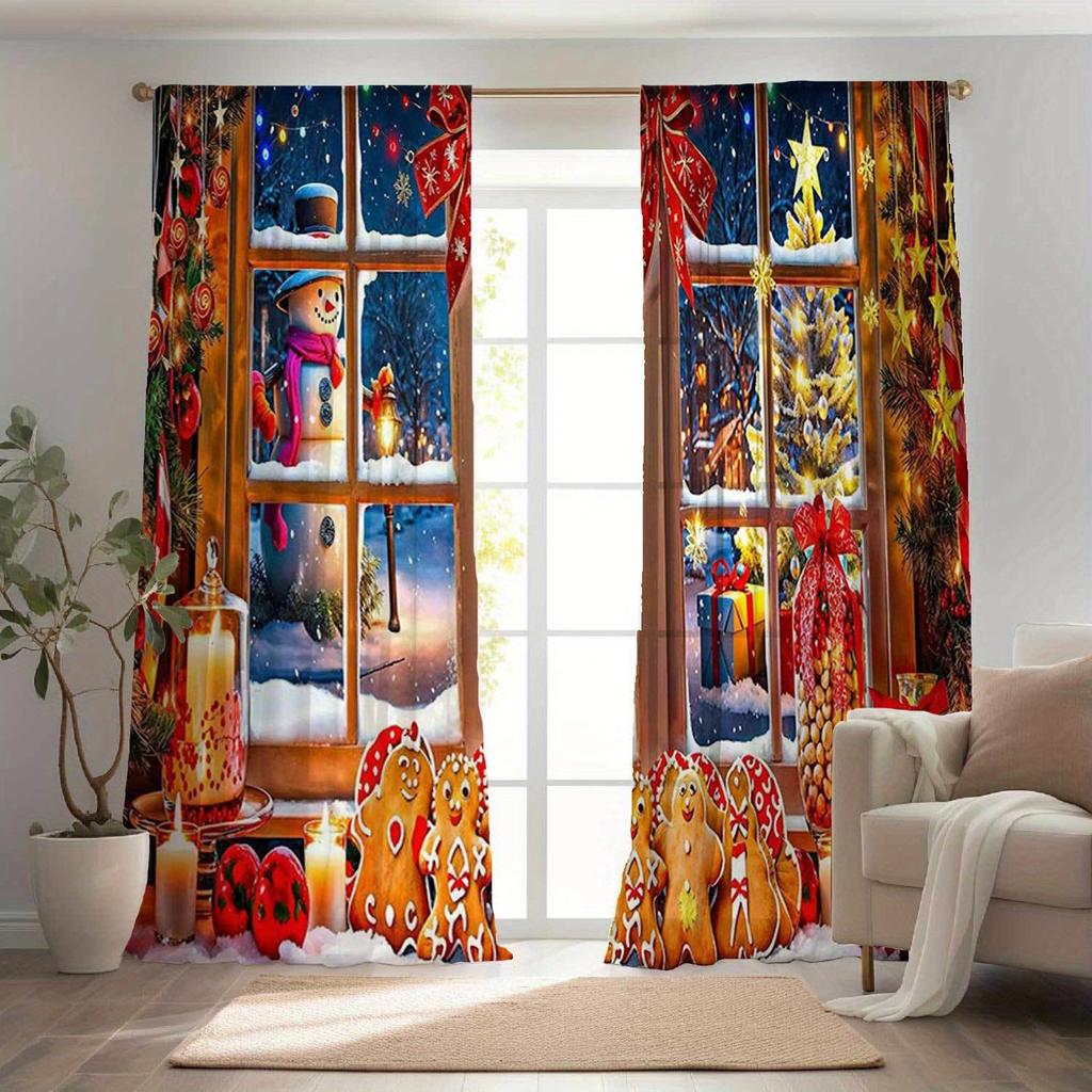 Glam Christmas Curtains Semi-Sheer Polyester Rod Pocket Drapes with Festive Holiday Print for Living Room Bedroom Window Decor