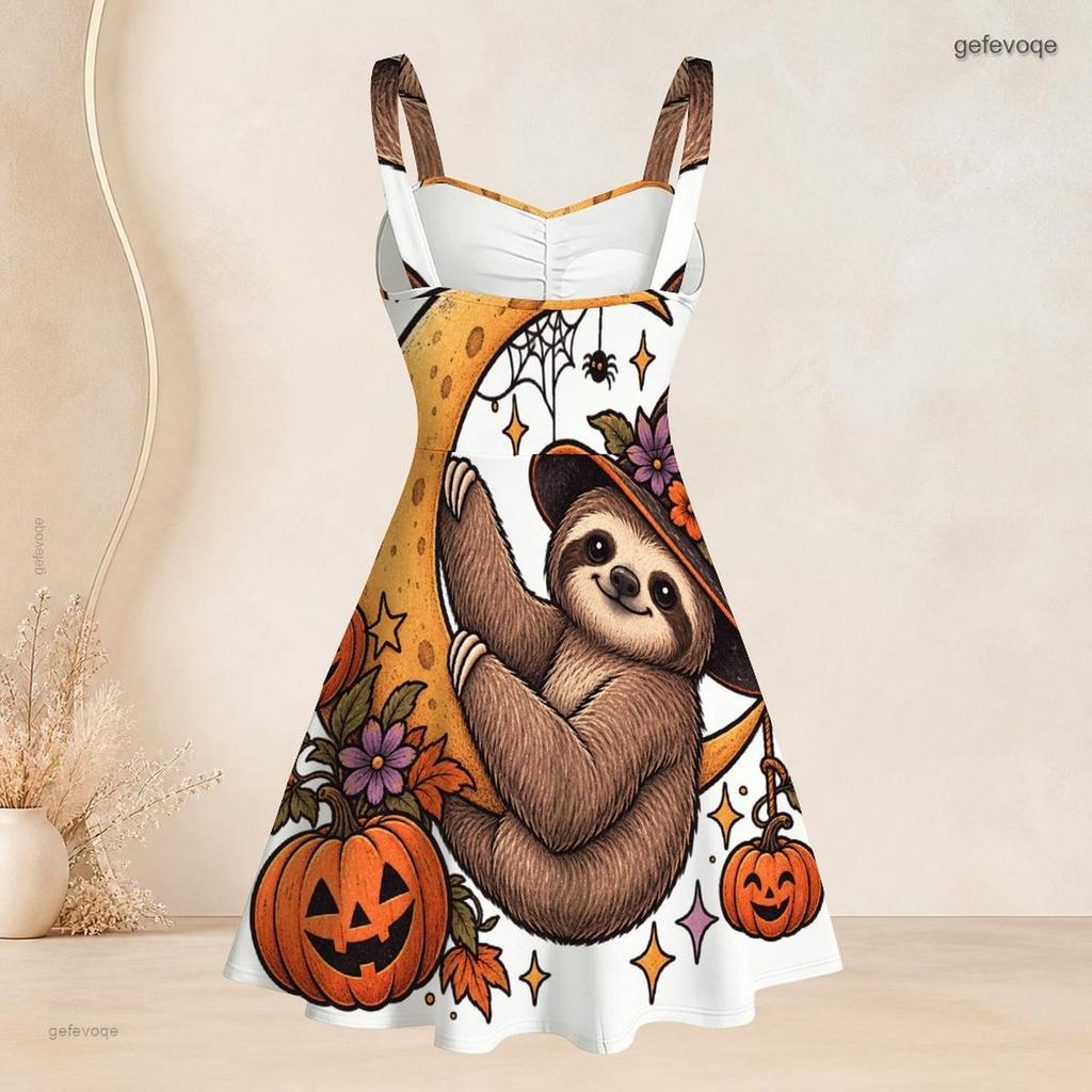 Women Plus Size Spaghetti Strap Off Shoulder Dress Witchy Potion Bottle Floral Crystal Moon Print Swing Dress