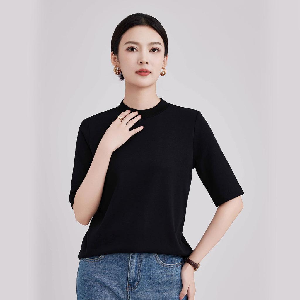 High-End Women's Ribbed Crew Neck Mid-Sleeve T-Shirt