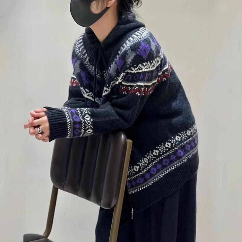 Literary Retro Fair Island Jacquard Hooded Wool Sweater Women'S Lazy College Style Thickened Sweater Knitted Sweater Hoodie