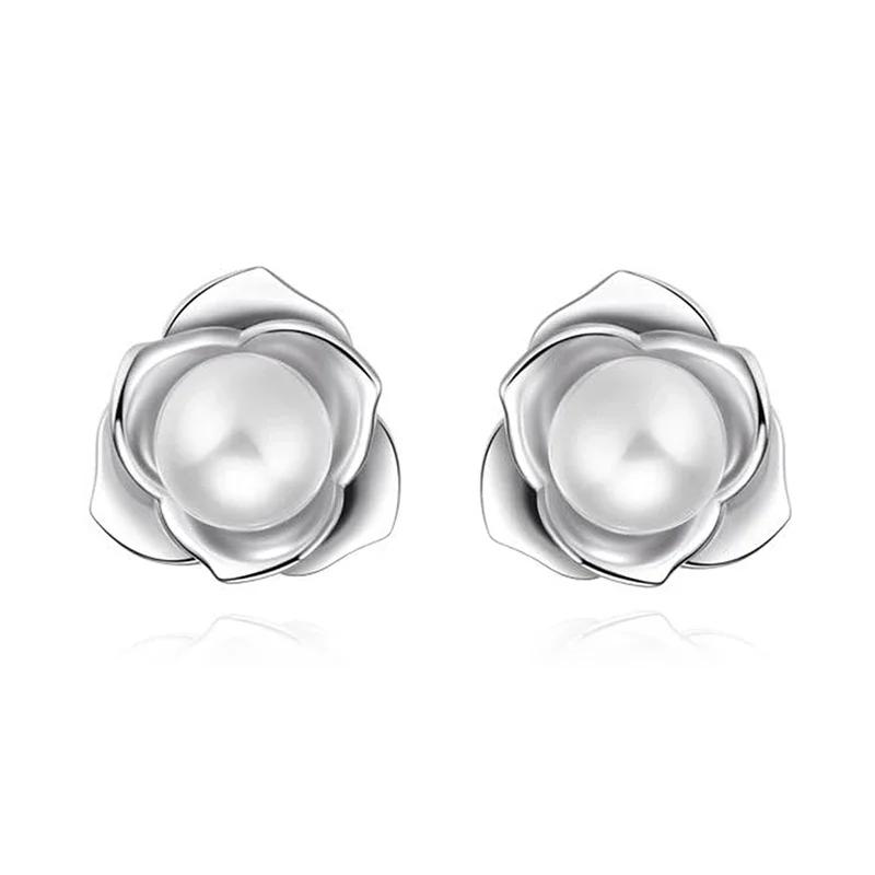 Delicati Orecchini a Bottone a Forma di Fiore Accessori da Fidanzamento Femminili Gioielli Eleganti con Perle Simulate per Cerimonia Nuziale