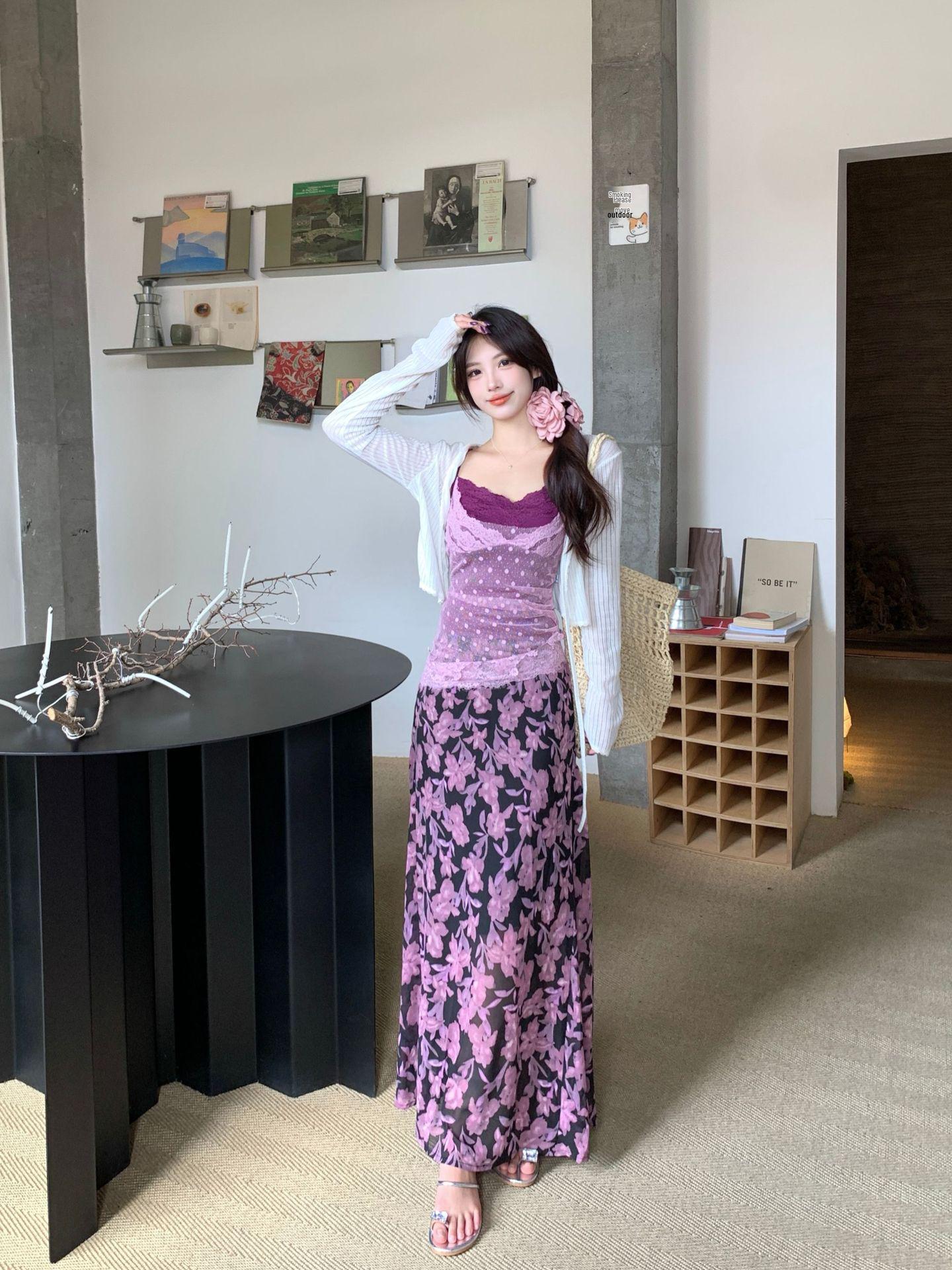 Plus Size Women s Floral Lace Three-Piece Set: Sun Protection Cardigan, Camisole, and Half Skirt 3XL (150-170 jin)