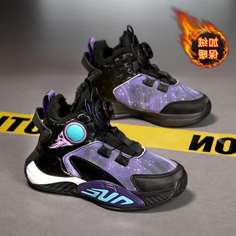 Boys' Winter 2025 Velvet-Lined Cotton Sneakers - Trendy Leather Surface for School Sports