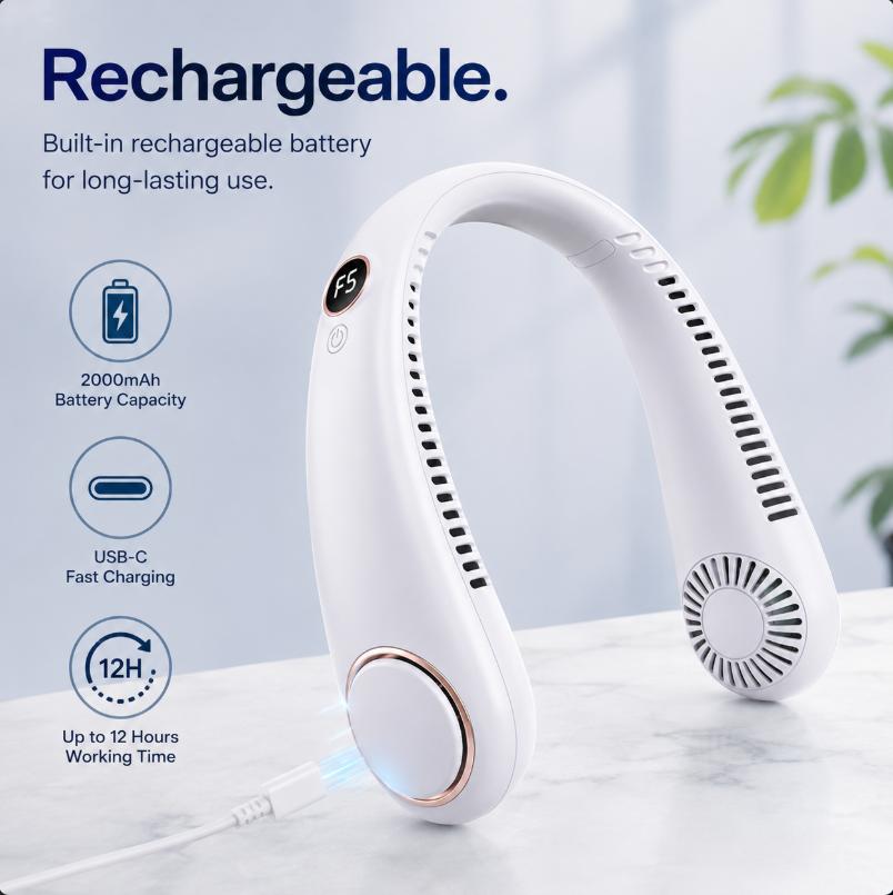 New Mini Neck Mounted Fan 5 File Speed Summer Sports Fan Outdoor Sports Fans USB Rechargeable Air Cooler for Home Office Bedroom