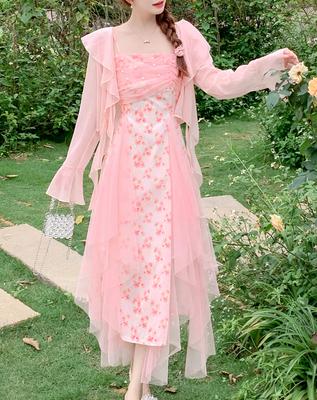 Women's Summer Suspender Floral Lace Dress French Style Sweet Pink Long Dresses With Cardigan Spring