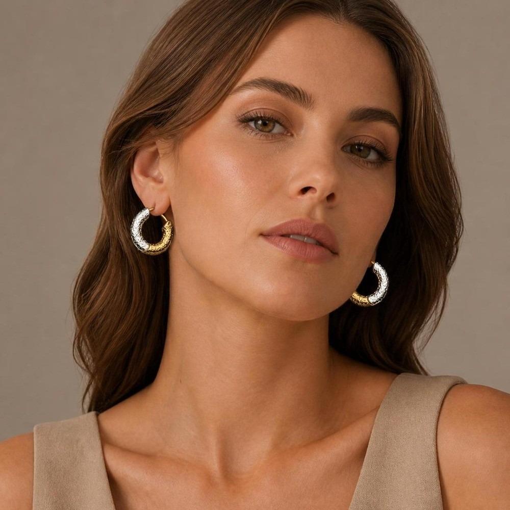 1Pair Ear Buckle Hoop Earrings Two-color Round Earrings Bicolor Earrings Girl Women