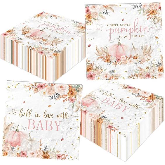 48Pcs Pink A Sweet Little Pumpkin is On The Way Napkins for Girls, Boho Little Pumpkin Baby Shower Decorations Fall Baby Shower Napkins Paper for
