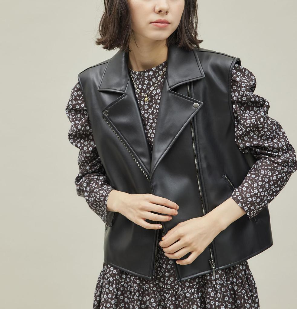 ROPE PICNIC Synthetic Leather Sleeveless Jacket GSV54000 Black Women's (01)