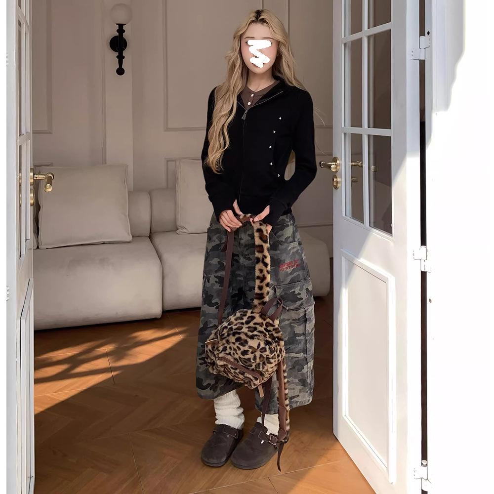 Women's 2025 Retro Camouflage Pocket Cargo Wide-Leg Cropped Jeans - Slimming, Floor-Length, Loose Summer Fit