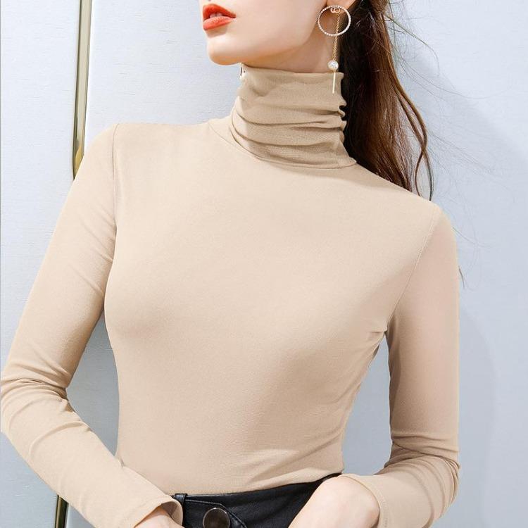 New  Autumn Winter Velvet Mesh High Collar Long Sleeve Tops Women Solid Color Stretch Tight Fit Inner Shirts