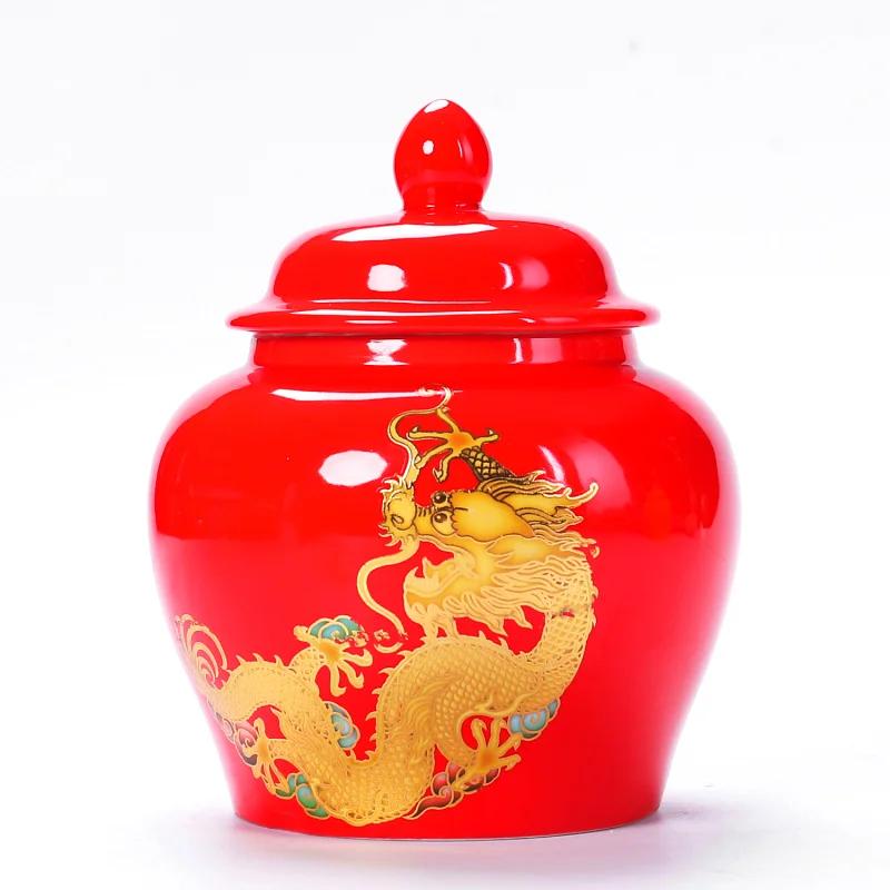 Ceramic Tea Pot with Lid Wedding Gift Red Gold Dragon Green Tea Candy Chinese Medicine Sealed Storage Tank Tea Bag Storage Box