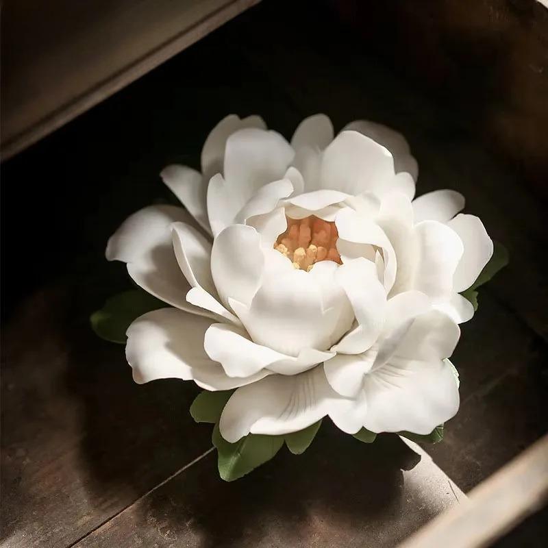 Ceramic White Peony Incense Burner Handmade Household Decor Incense Stick Holder Buddhist Incense Chinese Tea Ceremony Ornaments