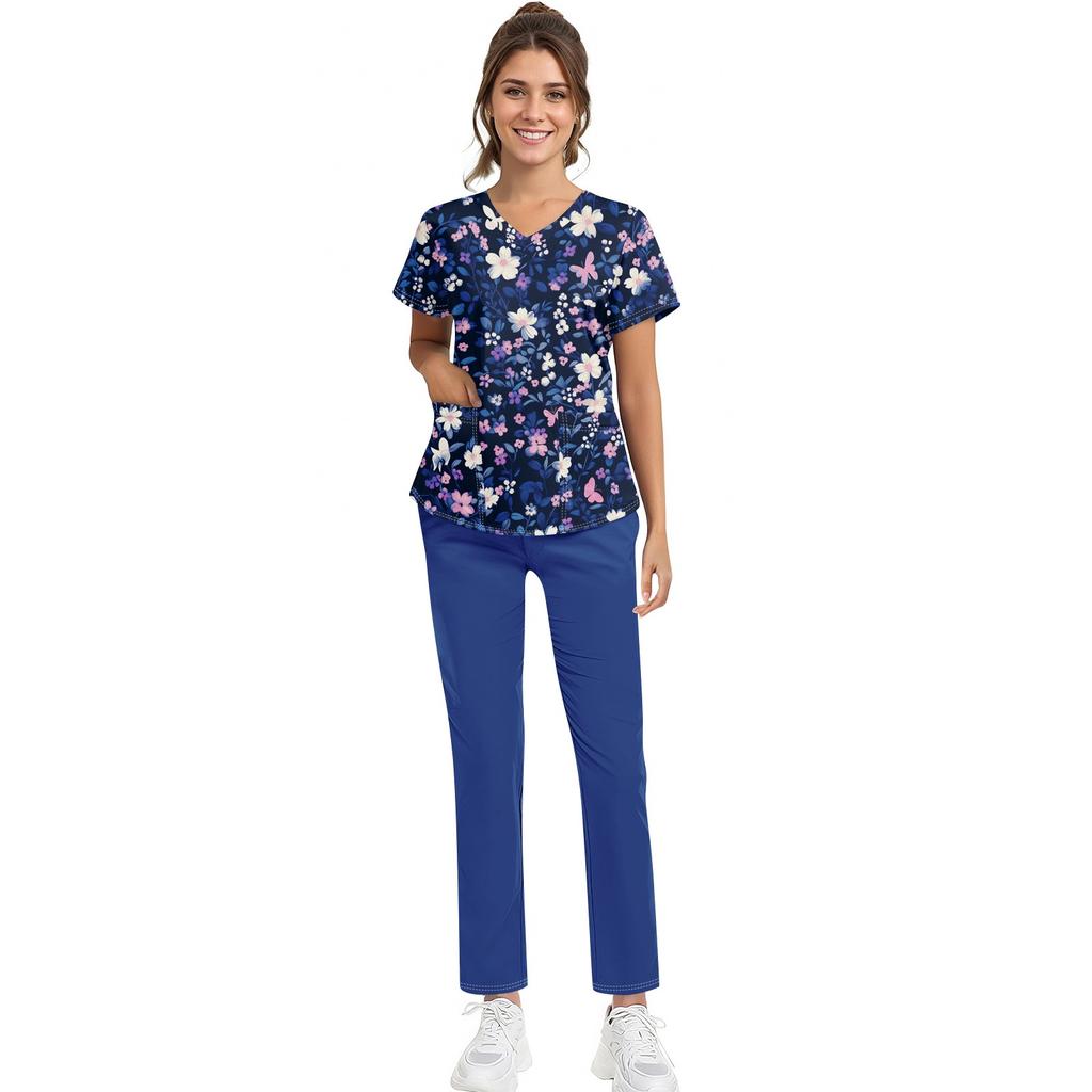 Bedruckte Oberteile für die Arbeitsuniform in Übergröße für Damen, V-Ausschnitt, Halloween-Aufdruck, kurzärmliges Fun-T-Shirt, Workwear-T-Shirt mit Taschen