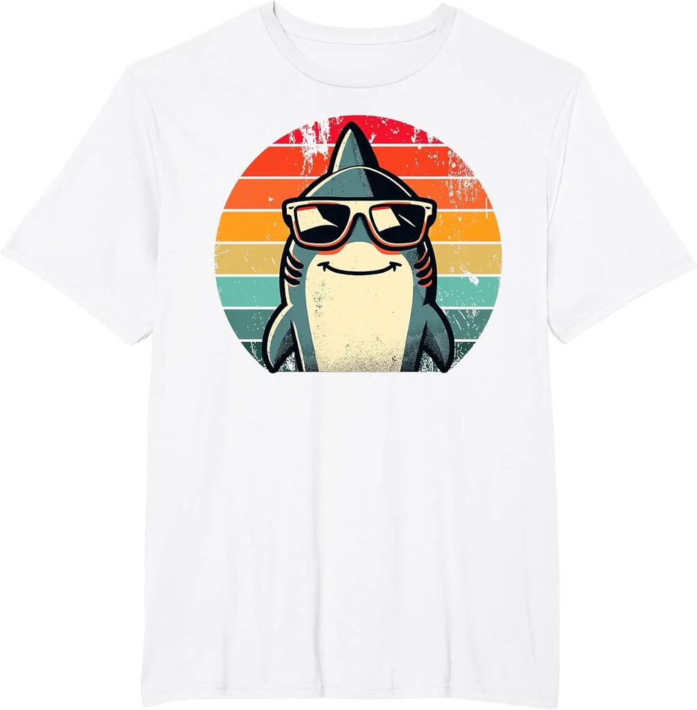 2024 Summer Tops Cool Retro Shark In Sunglasses 70s 80s 90s Funny Shark T-Shirt