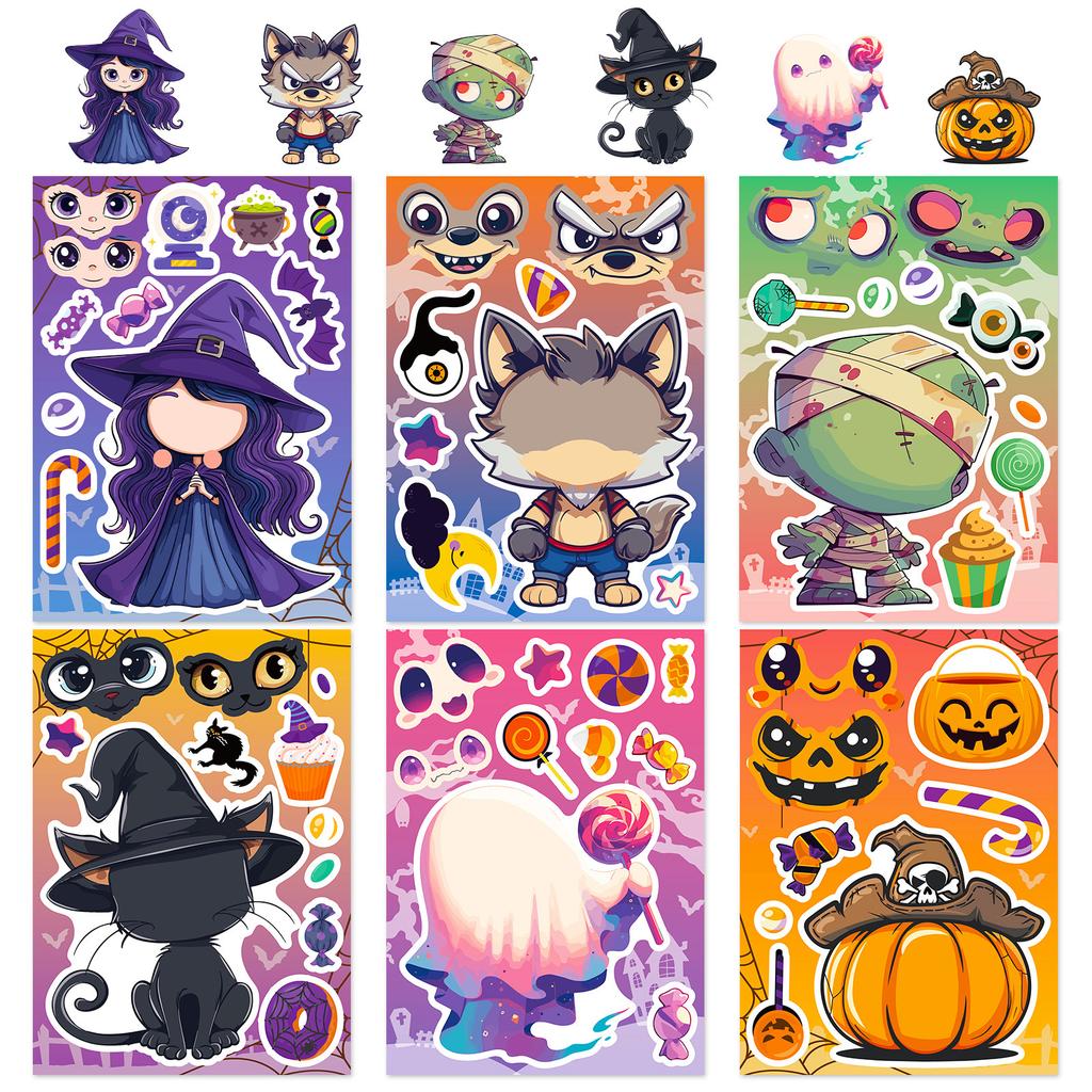 6Sheets Halloween DIY Puzzle Sticker Games 6 Pumpkin Ghost Mummy Witch Make A Face Funny Assemble Jigsaw Stickers Kids Toys