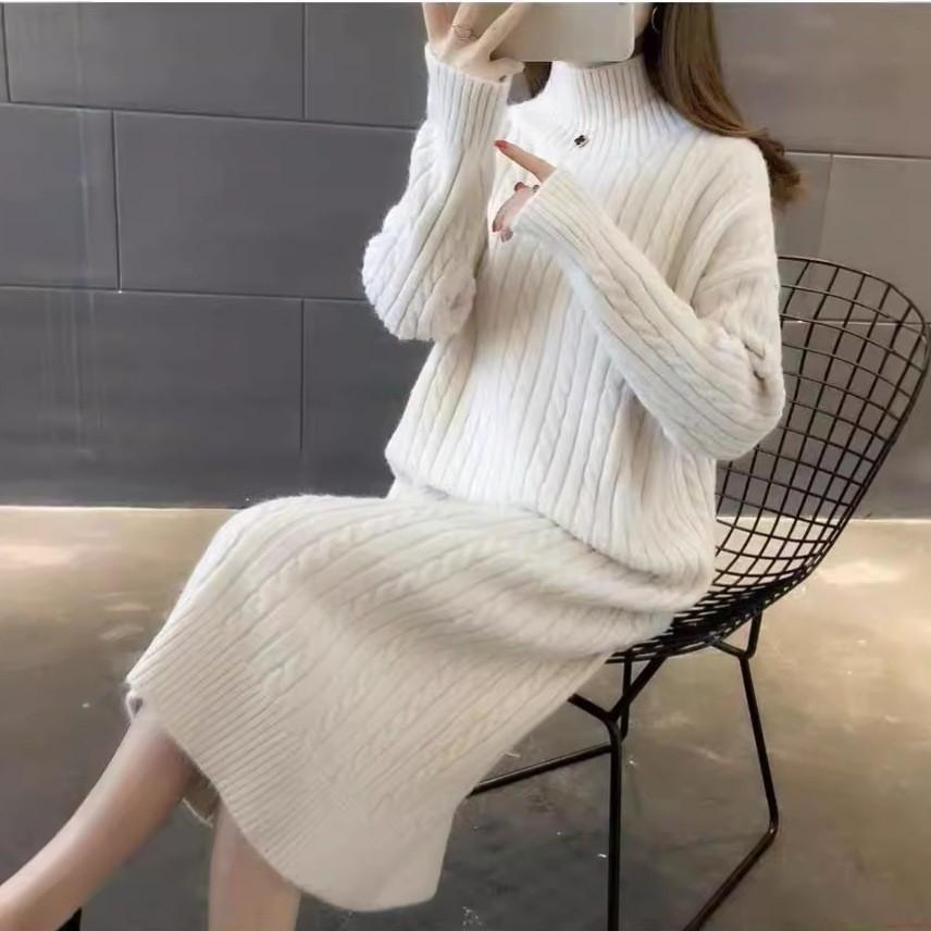 Knitted dress fashion with coat high collar autumn and winter new inner with medium and long bottom knee temperament sweater skirt