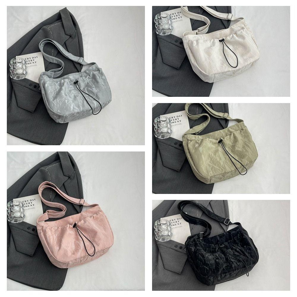 Large Capacity Drawstring Shoulder Bag Zipper Casual Crossbody Bag Nylon Shoulder Bag Travel