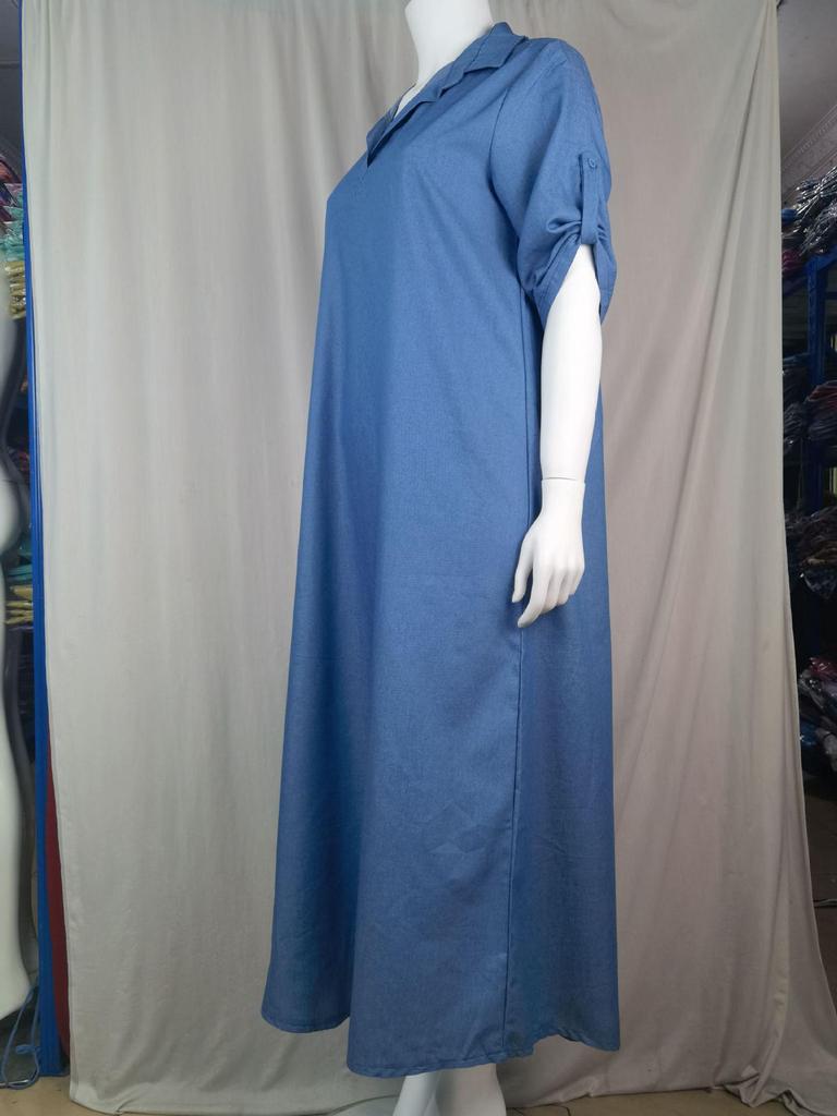 2024 Plus Size Women's Denim Dress - European & American Style, Solid Color