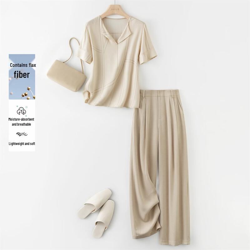 IHIMI Lightweight Linen Blend V-Neck Two-Piece Set L