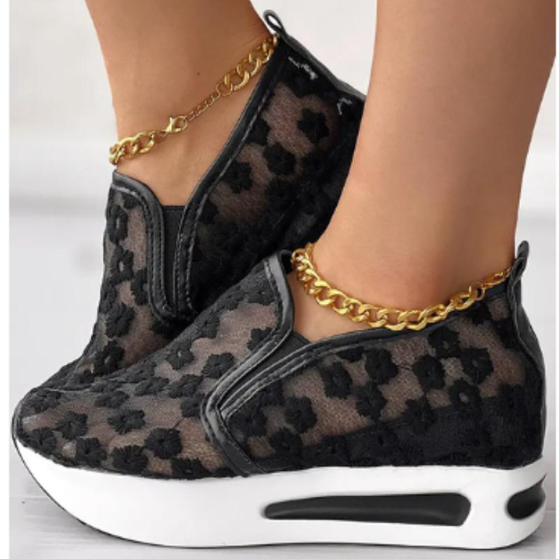 Women's Sneakers Floral Embroidery Mesh Sneakers for Women Slip on Casual Comfy Heeled Shoes Woman